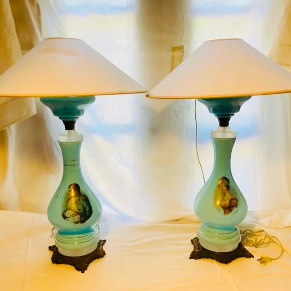 Antique French,blue opaline glass lamps Napoleon III shades bronze bases, shades